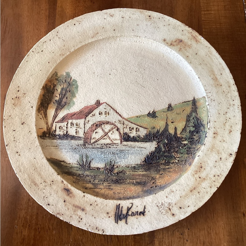 Rustic Decorative Pottery Plate - Waterwheel Mill Pond Scene Country